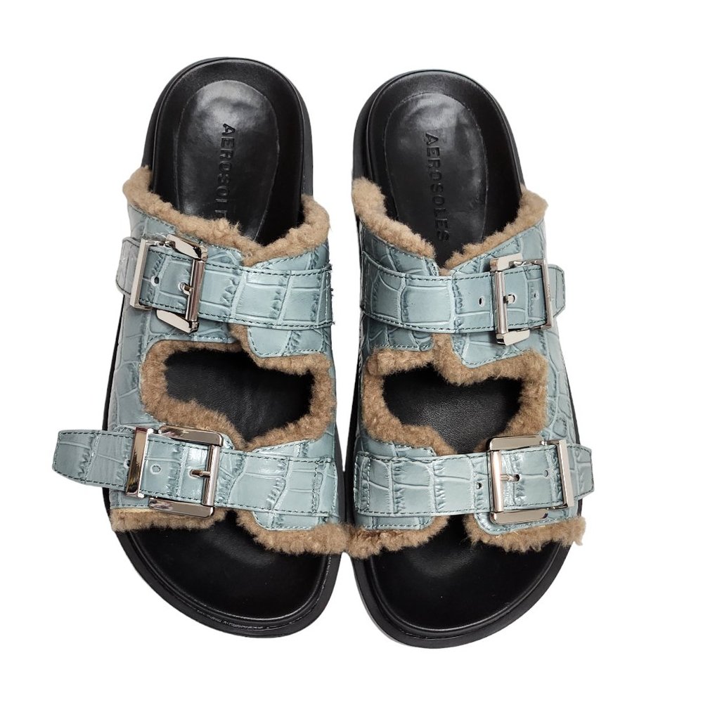 Aerosoles Leather and Sherpa Fleece Straps Slip On Sandal Gray Green Size 7